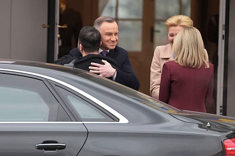 Poland's President Andrzej Duda, 2nd left, welcomes Ukrainian President Volodymyr Zelenskyy as they meet at the Presidential Palace in Warsaw, Poland, Wednesday, 5 April, 2023. (Photo | AP)