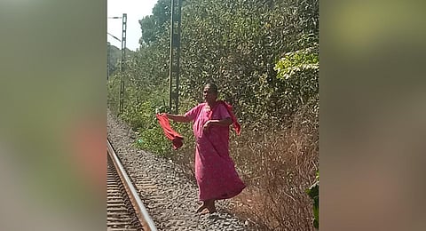 Chandravathi re-enacts how she waved the red cloth. (Photo | Express)