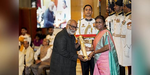 President Droupadi Murmu confers Padma Shri on music composer M. M. Keeravani during Padma Awards 2023 ceremony at Rashtrapati Bhawan, in New Delhi. (Photo | PTI)