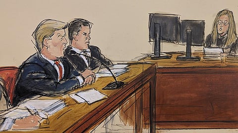 This artist sketch depicts former US President Donald Trump pleading not guilty as the Clerk of the Court reads the charges  in a Manhattan courtroom in New York, April 4, 2023. (Photo | AP)