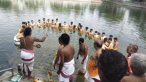 Five priests drowned in the temple lake of Dharmalingeswar temple in Moovarasampet. (Photo | Express)