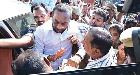 BJP MLA M Raghunandan Rao is taken into custody while on the way to Bommalaramaram police station in Yadadri-Bhuvanagiri district on Wednesday. (File Photo)