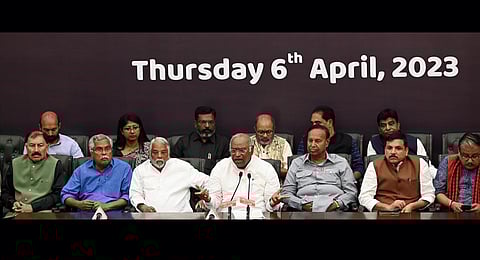Mallikarjun Kharge with K Keshava Rao, TR Baalu, Sanjay Singh and fellow opposition MPs at a press conference following their Tiranga March, on Thursday. (Photo | Shekhar Yadav | EPS)