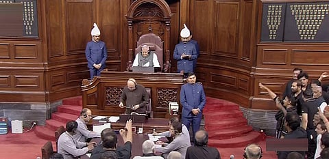 Opposition MPs, wearing black over Rahul's disqualification, protest in the Rajya Sabha during Budget Session of Parliament (Photo | PTI)