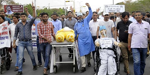 Doctors and medical staff stage a demonstration against the Rajasthan Right to Health Bill, in Jaipur, on March 30, 2023. (File Photo | ANI)