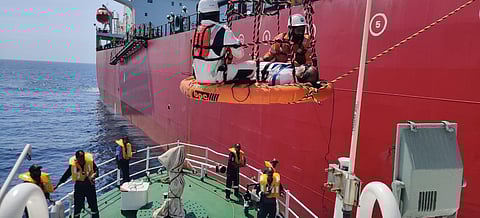Indian Coast Guard carry out the medical evacuation of the critically injured patient from oil tanker Hafina Express. (Photo | PRO Defence Mumbai)