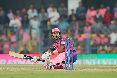 Dhruv Jurel of Rajasthan Royals hits a four against Punjab Kings in an IPL match held at the Barsapara Stadium, Guwahati on Wednesday. (Photo| Sportzpics)