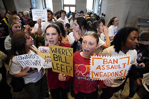 Students yell, asking for gun reform legislation and support the Tennessee Three outside the House chamber Thursday, April 6, 2023, in Nashville, Tenn. (Photo | AP)