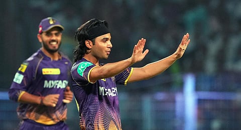 KKR bowler Suyash Sharma celebrates after dismissing RCB batsman Dinesh Karthik during IPL 2023 cricket match between Kolkata Knight Riders and Royal Challengers Bangalore. (Photo | PTI)