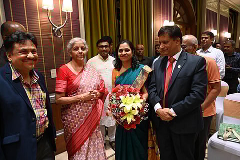 Union Finance Minister Nirmala Sitharaman along with entrepreneurs, chartered accountants and bankers in Bengaluru. (Photo | Nagaraja Gadekal, EPS)