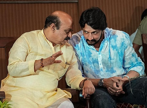 Karnataka Chief Minister Basavaraj Bommai with Kannada actor Kiccha Sudeep during a press conference in Bengaluru. (Photo | PTI)