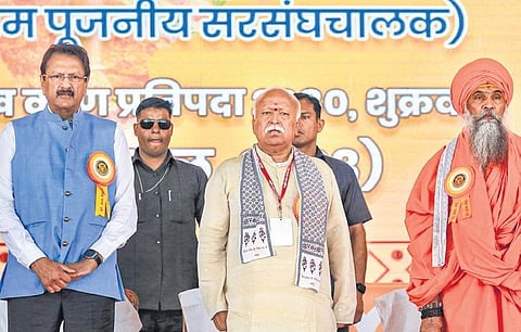 RSS chief Mohan Bhagwat at the Rashtriya Sewa Sangam in Jaipur on Friday. (Photo| PTI)