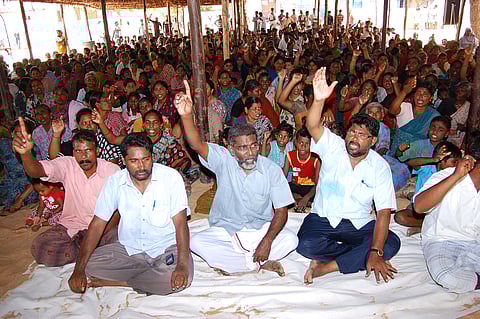 First Row From Left: Mugilan, SP Udayakumar, M Pushparayan during an anti-nuke protest. |File Photo