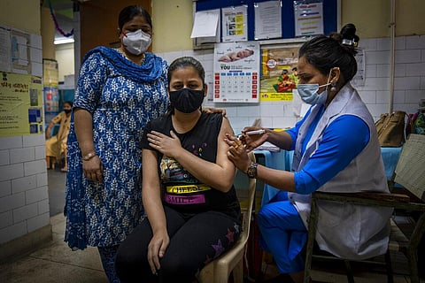 Representational image of a girl getting the Corbevax vaccine for COVID-19 at a health centre in New Delhi, India, Wednesday, March 16, 2022. (Photo | AP)