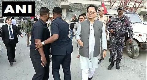 A fully loaded truck hit Kiren Rijiju's car near Ramban along Jammu- Srinagar highway. (Photo | ANI)
