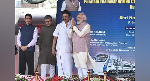 Prime Minister Narendra Modi flags off the 'Vande Bharat, Runs between Chennai - Coimbatore', at a function held at Purachi Thalaivar Dr. MGR Chennai Central station (Photo | EPS/ P Jawahar)