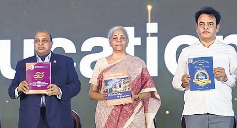 FM Nirmala Sitharaman and Higher Education Minister Dr CN Ashwath Narayan at the 70th anniversary of RV Teachers’ College and RV Teachers’ Training Institute in Bengaluru on Friday. Photo | Nagaraja