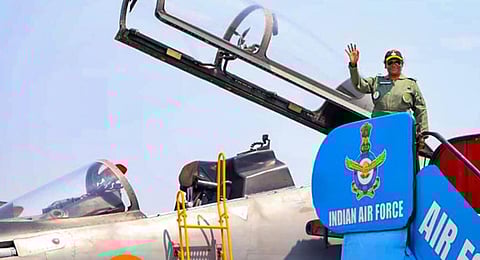 President Droupadi Murmu lands at Tezpur Air Force Station, Assam after taking a sortie in the Sukhoi 30 MKI fighter aircraft. (Photo | PTI)