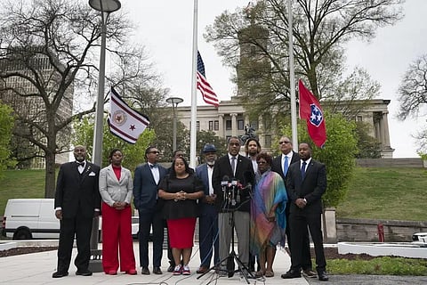 Members of the Tennessee Black Caucus of State Legislators hold a news conference outside the state Capitol Friday, April 7, 2023, in Nashville, Tenn. (Photo | AP)