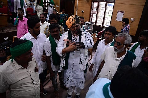 Farmer leader and national spokesperson of Bharatiya Kisan Union Rakesh Tikait's face was smeared with black ink at Gandhi Bhavan in Bengaluru. (Photo | EPS)