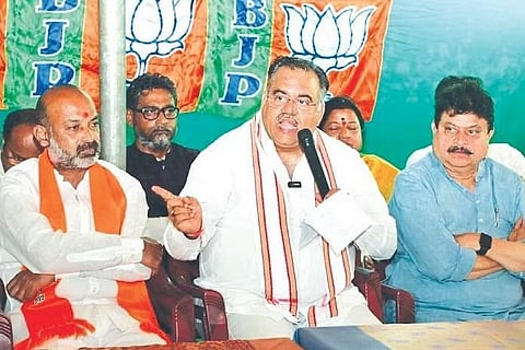 BJP Telangana in-charge Tarun Chugh speaks to the media in Karimnagar on Friday