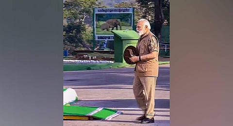 Prime Minister Narendra Modi heads to Bandipur Tiger Reserve, in Chamarajnagar district. (Photo | PTI)