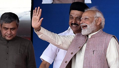 Prime Minister Narendra Modi and TN Chief Minister M K Stalin at a ceremony to flag off a Vande Bharat train in Chennai. (Photo | P Jawahar, EPS)
