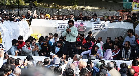 FILE PHOTO: Grappler Bajrang Punia addresses the media during the wrestlers' protest at Jantar Mantar in New Delhi on Jan 20, 2023. (Photo | Shekhar Yadav, EPS)