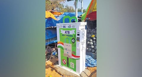 A solar-powered cloth bag ATM set up near the IDPL fruit market