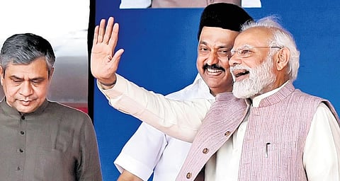 Prime Minister Narendra Modi and Chief Minister M K Stalin in Chennai on Saturday. Union Minister of Railways Ashwini Vaishnaw is also seen | Ashwin prasath