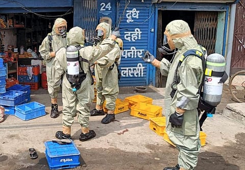National Disaster Response Force (NDRF) team at the site after a gas leak incident in the Giaspura area, in Ludhiana district, Sunday, April 30, 2023. (Photo | PTI)