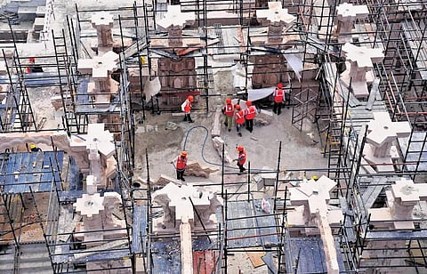 Massive stone slabs are being carved in workshops within the temple complex. (Photo | Express)