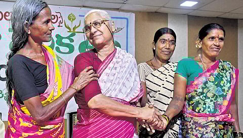 Social worker Medha Patkar at a public hearing on tenant farmers issues organised by Rythu Swarajya Vedika in Vijayawada on Wednesday I Prasant Madugula