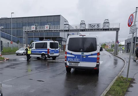 Police emergency vehicles are parked at a Mercedes-Benz plant in Sindelfingen, Germany, Thursday May 11, 2023. (Photo | AP)