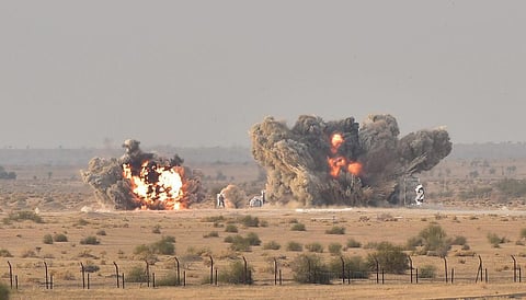 Smoke rises from an explosion during an IAF exercise at the Air Force firing range of Pokhran, Rajasthan. (File | PTI)