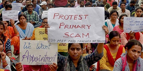 Pre-Teacher Education Test (PTET) qualified candidates of 2014 batch stage a protest against the alleged SSC scam seeking immediate appointment, in Kolkata, Wednesday, Oct. 19, 2022. (File Photo |PTI)