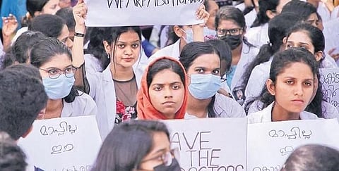 The protest by doctors in front of the Secretariat on the second day on May 11, 2023, demanding justice for Dr Vandana Das who was killed at Kottarakkara taluk hospital. (Photo | B P Deepu)