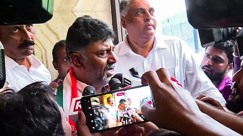Karnataka Congress President DK Shivakumar talks to the media on Karnataka Assembly polls results, in Bengaluru, Saturday, May 13, 2023. (Photo | PTI)