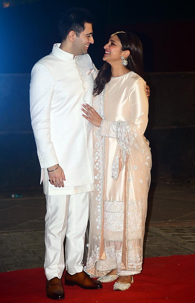 The couple greeted the paparazzi outside the Kapurthala house after the ceremony. Parineeti will be next seen sharing screen space with Diljit Dosanjh in 'Chamkila'. (Photo | ANI)