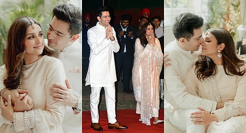 Aam Aadmi Party (AAP) leader Raghav Chadha and actor Parineeti Chopra got engaged at Raghav's home - Kapurthala House - in New Delhi on May 13. Check out pictures of the lovely couple along with their family, friends, and politicians who attended the trad