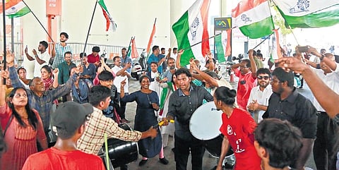 Congress workers celebrating the party’s victory in the Karnataka assembly polls, in Kochi on Saturday | T P Sooraj