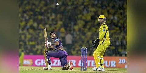 Kolkata Knight Riders batter Nitish Rana plays a shot during the IPL 2023 cricket match between Chennai Super Kings and Kolkata Knight Riders, at M. A. Chidambaram Stadium. (Photo | PTI)