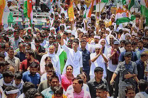 Congress leader Sachin Pilot with supporters during his 'Jan Sangharsh Yatra', in Jaipur, Monday, May 15, 2023. (Photo | PTI)