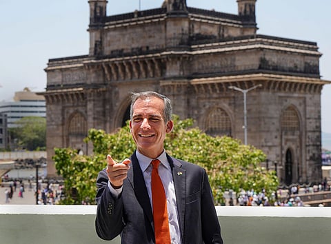 United States Ambassador to India Eric Garcetti addresses the media, in Mumbai. Garcetti, 52, President Joe Biden's close aide, was officially sworn in as the US Ambassador to India in March. (Photo | PTI)