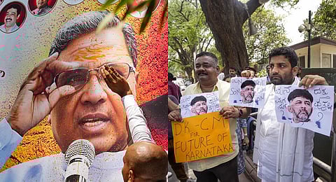 (Left) Supporters of Siddaramaiah celebrate outside his residence in Bengaluru and (right) supporters of DK Shivakumar shows his posters, at 10, Janpath, in New Delhi. (Photo | PTI)