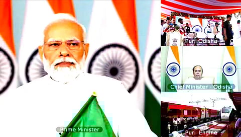 Prime Minister Narendra Modi Flagging off Puri -Howrah Vande Bharat Express on virtual mode from New Delhi.