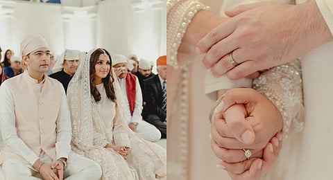Actor Parineeti Chopra posted a series of pictures from her engagement with AAP leader Raghav Chadha. The couple are seen inside a gurudwara, Check them out here. (Photos | Parineeti Chopra Instagram)