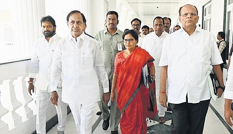 Chief Minister K Chandrasekhar Rao arrives at the Secretariat to chair the Cabinet meeting on Thursday. Chief Secretary Santhi Kumari, Chief Adviser to the CM, Somesh Kumar, and Minister Srinivas Goud