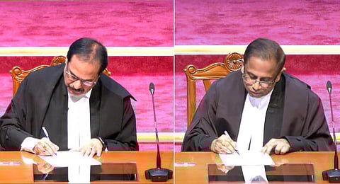Justice Prashant Kumar Mishra (L) , Senior Advocate KV Viswanathan took oath as Supreme Court judges.(Photos | PTI)