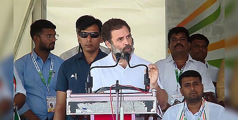 Congress leader Rahul Gandhi addresses a public meeting ahead of the upcoming Karnataka Assembly elections, in Tumkur district, Monday, May 1, 2023. (Photo | PTI)